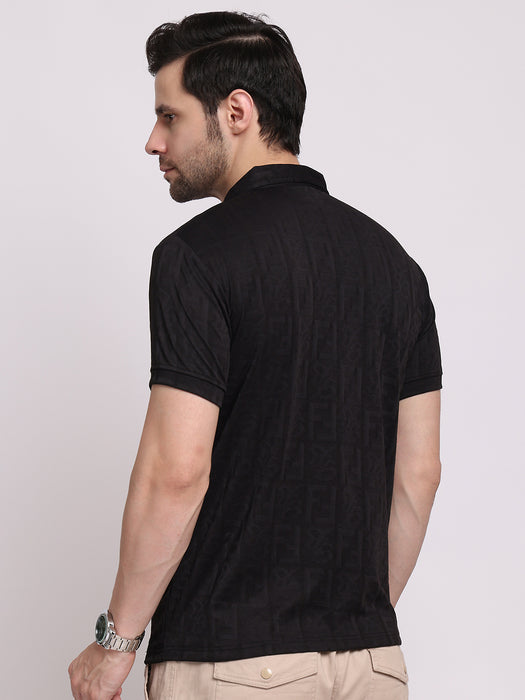 Men Black Polyester Jacquard Classic polo collar with structured stitching T-shirt