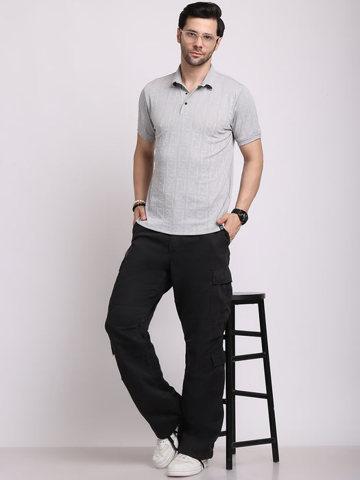 Men Grey Polyester Jacquard Classic polo collar with structured stitching T-shirt