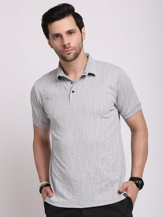 Men Grey Polyester Jacquard Classic polo collar with structured stitching T-shirt