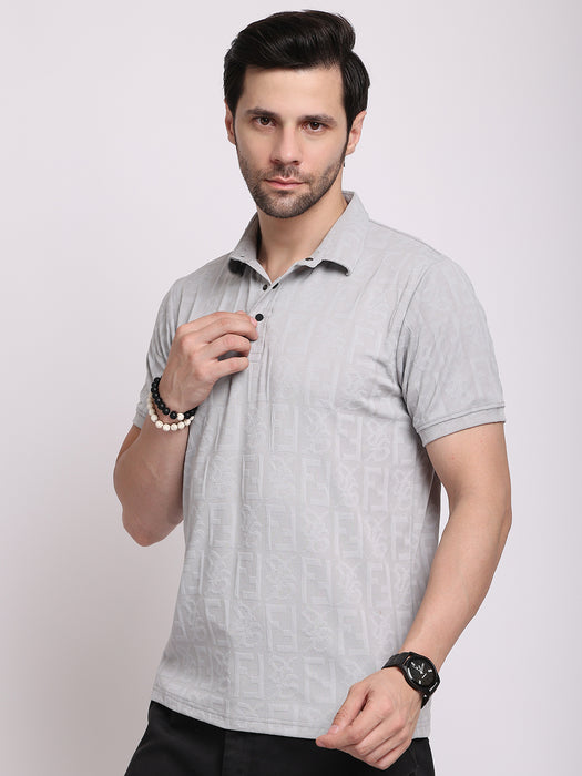 Men Grey Polyester Jacquard Classic polo collar with structured stitching T-shirt