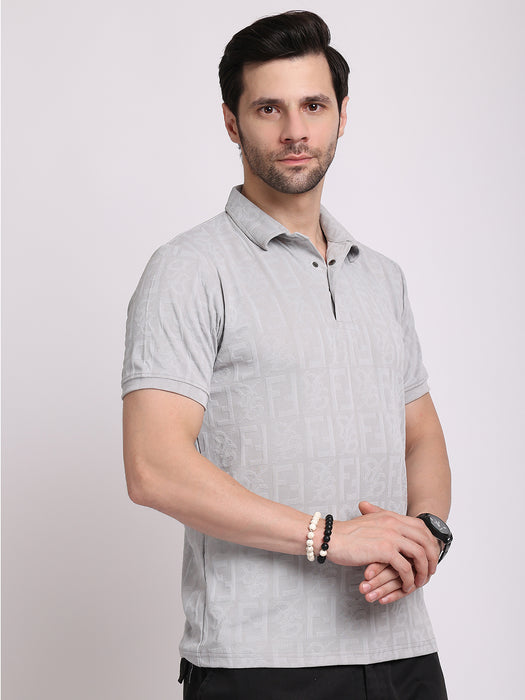 Men Grey Polyester Jacquard Classic polo collar with structured stitching T-shirt