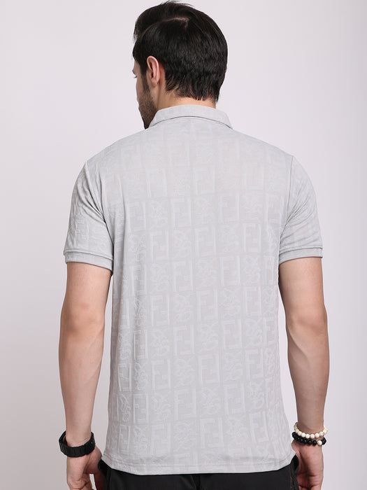 Men Grey Polyester Jacquard Classic polo collar with structured stitching T-shirt