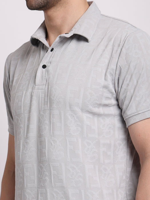 Men Grey Polyester Jacquard Classic polo collar with structured stitching T-shirt