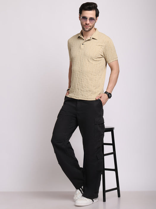 Men Beige Polyester Jacquard Classic polo collar with structured stitching T-shirt