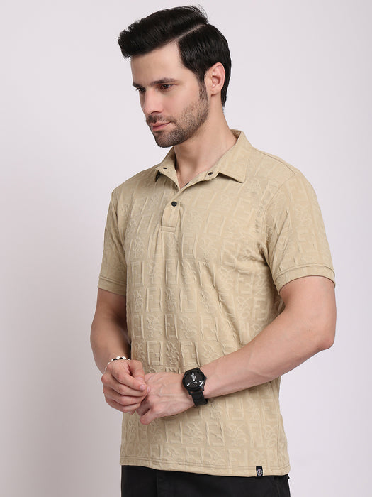 Men Beige Polyester Jacquard Classic polo collar with structured stitching T-shirt