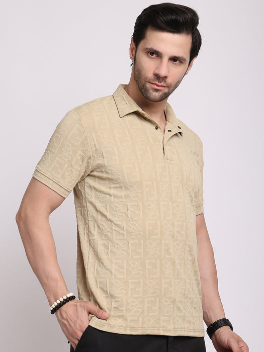 Men Beige Polyester Jacquard Classic polo collar with structured stitching T-shirt