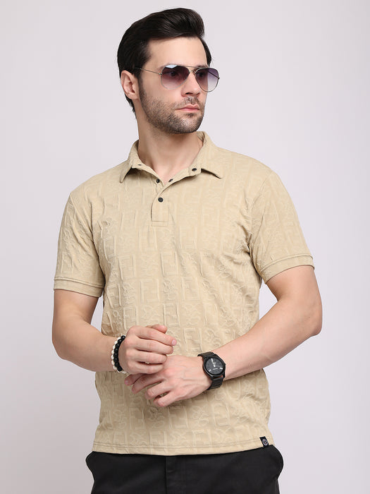 Men Beige Polyester Jacquard Classic polo collar with structured stitching T-shirt