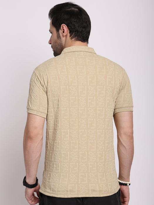 Men Beige Polyester Jacquard Classic polo collar with structured stitching T-shirt