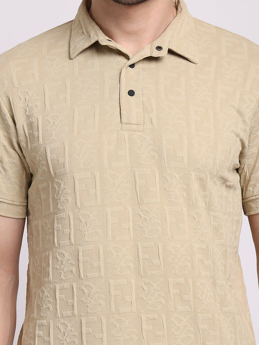 Men Beige Polyester Jacquard Classic polo collar with structured stitching T-shirt