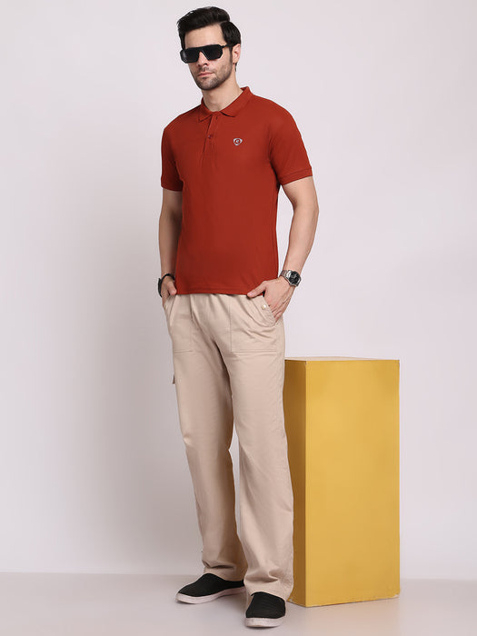 Men Orange Cotton Polyester Classic polo collar with structured stitching T-shirt
