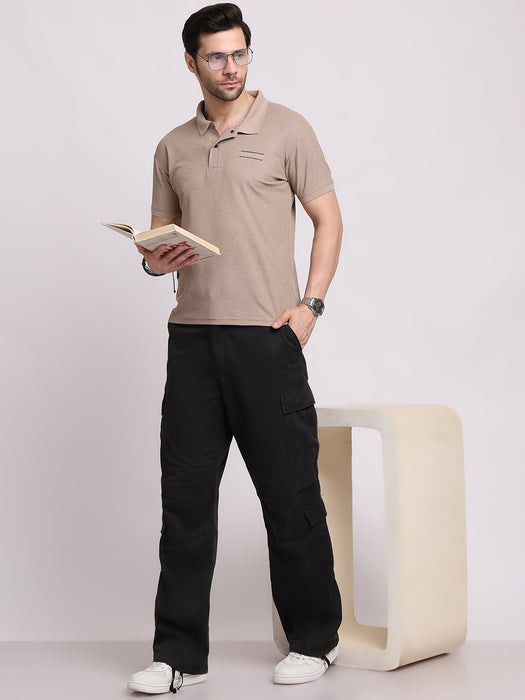 Men Beige Cotton Polyester Classic polo collar with structured stitching T-shirt