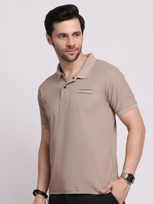 Men Beige Cotton Polyester Classic polo collar with structured stitching T-shirt