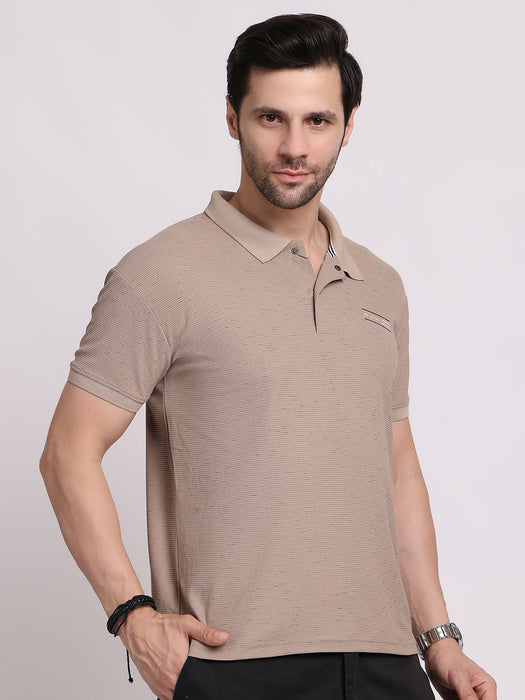 Men Beige Cotton Polyester Classic polo collar with structured stitching T-shirt