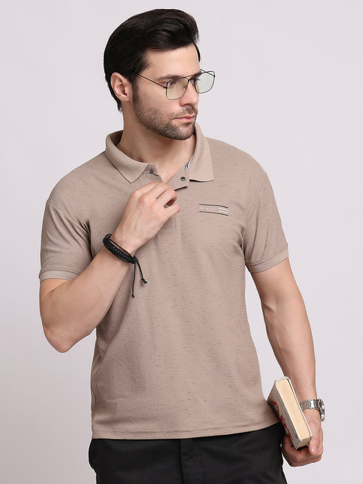 Men Beige Cotton Polyester Classic polo collar with structured stitching T-shirt
