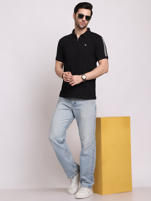 Men Black Cotton Polyester Polo collar T-shirt