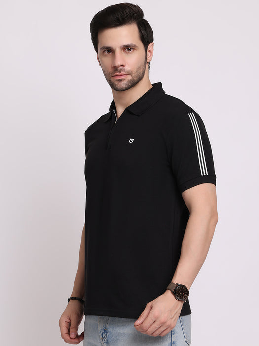 Men Black Cotton Polyester Polo collar T-shirt