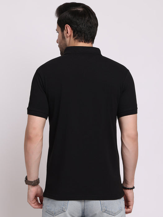 Men Black Cotton Polyester Polo collar T-shirt