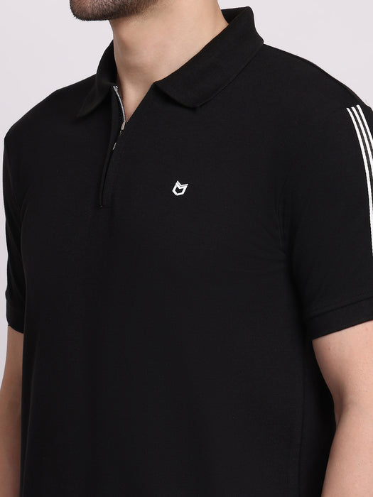 Men Black Cotton Polyester Polo collar T-shirt