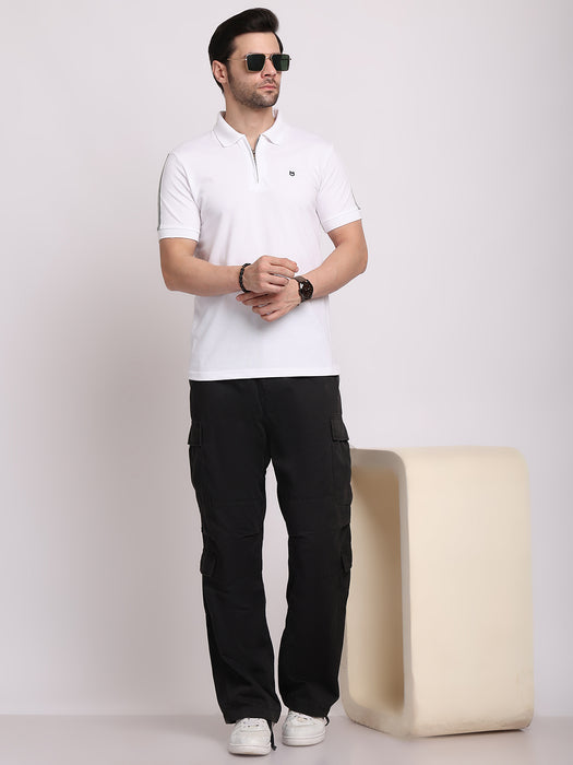 Men White Cotton Polyester Polo collar T-shirt