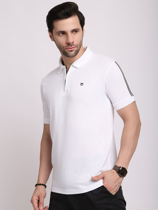 Men White Cotton Polyester Polo collar T-shirt