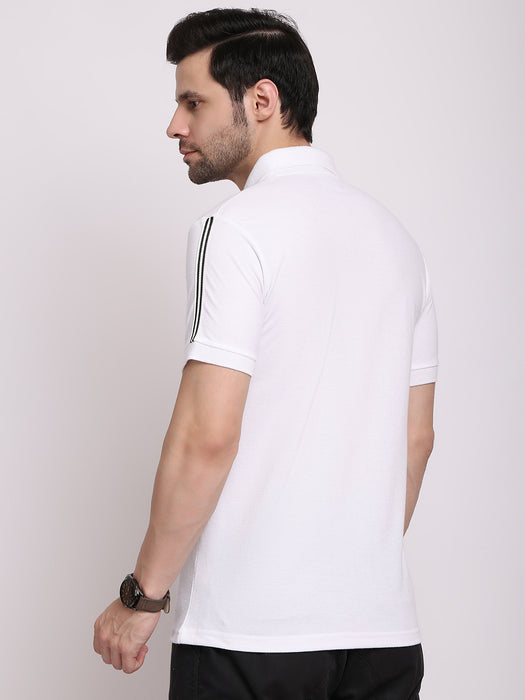 Men White Cotton Polyester Polo collar T-shirt