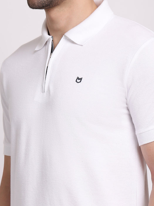 Men White Cotton Polyester Polo collar T-shirt