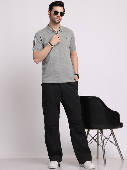 Men Grey Cotton Polyester Polo collar T-shirt