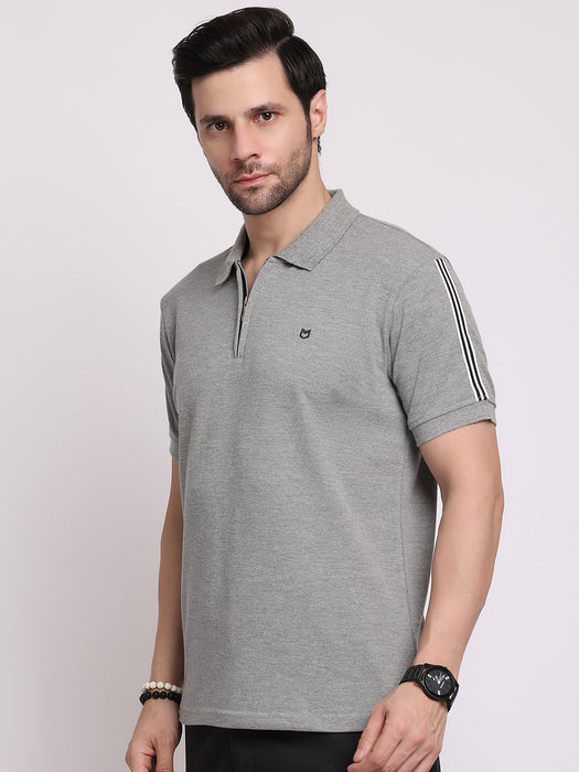 Men Grey Cotton Polyester Polo collar T-shirt