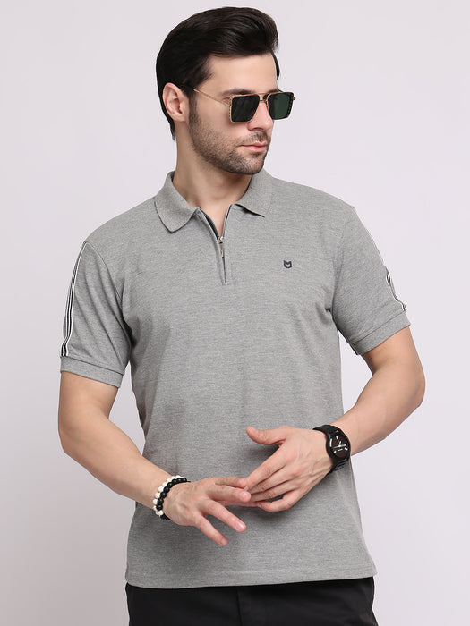 Men Grey Cotton Polyester Polo collar T-shirt