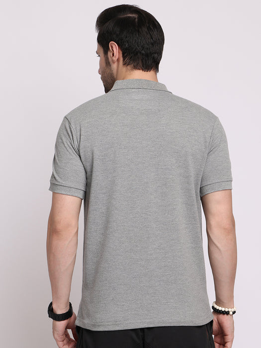 Men Grey Cotton Polyester Polo collar T-shirt