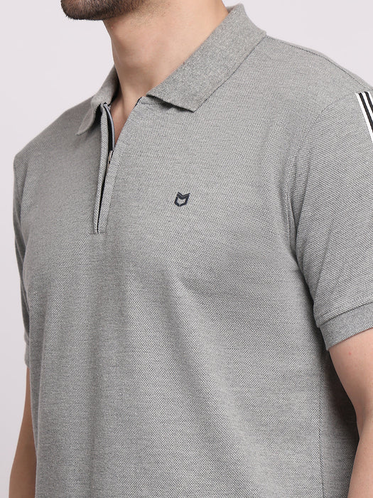 Men Grey Cotton Polyester Polo collar T-shirt
