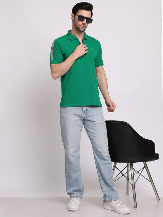 Men Green Cotton Polyester Polo collar T-shirt