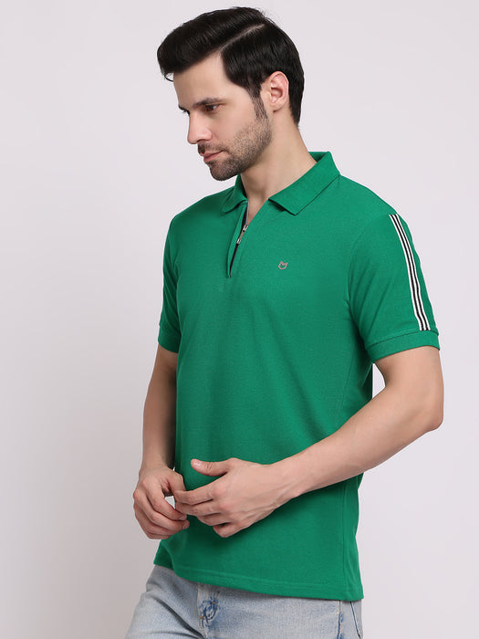 Men Green Cotton Polyester Polo collar T-shirt
