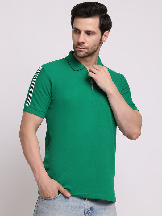 Men Green Cotton Polyester Polo collar T-shirt