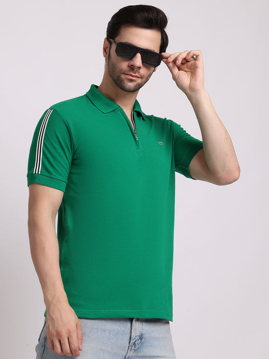 Men Green Cotton Polyester Polo collar T-shirt