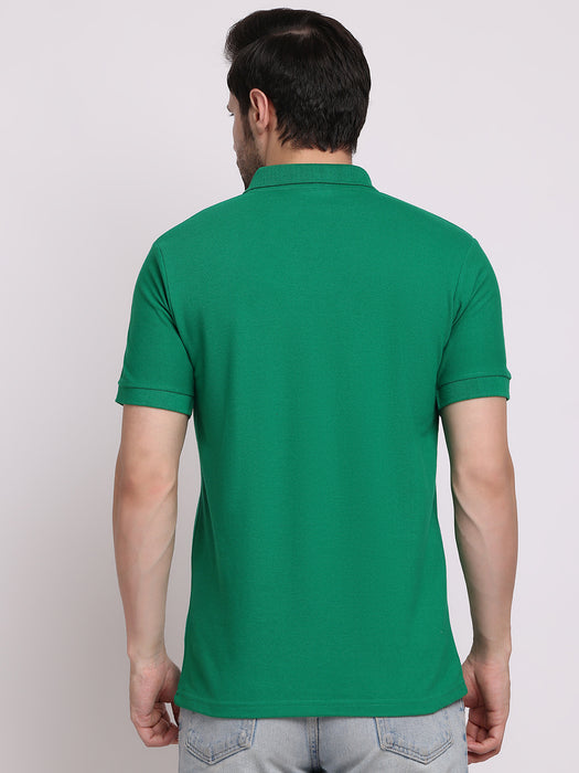 Men Green Cotton Polyester Polo collar T-shirt