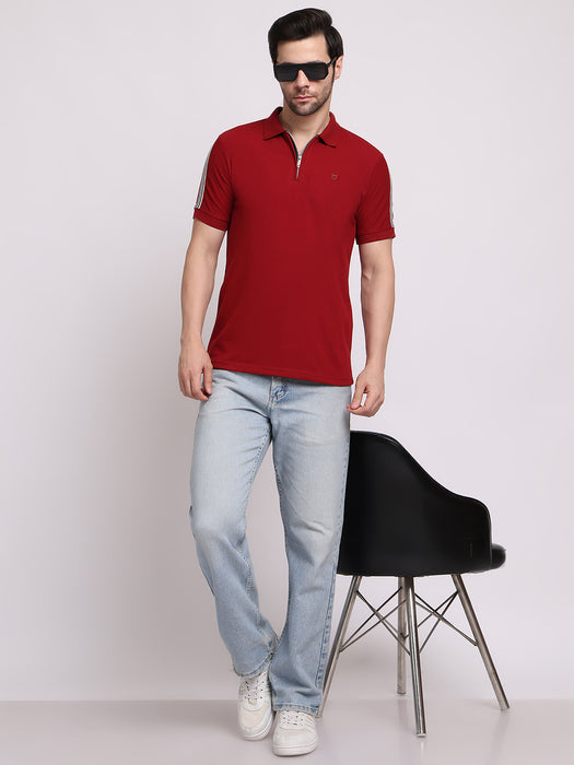 Men Maroon Cotton Polyester Polo collar T-shirt
