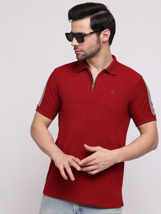 Men Maroon Cotton Polyester Polo collar T-shirt