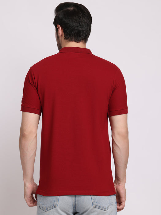 Men Maroon Cotton Polyester Polo collar T-shirt
