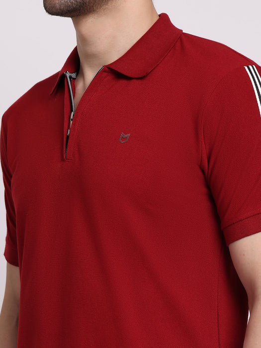 Men Maroon Cotton Polyester Polo collar T-shirt