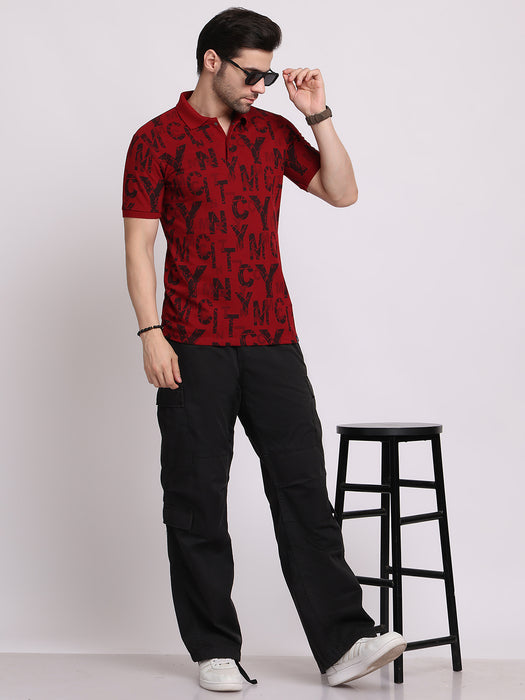 Men Maroon Cotton Polyester Polo collar T-shirt