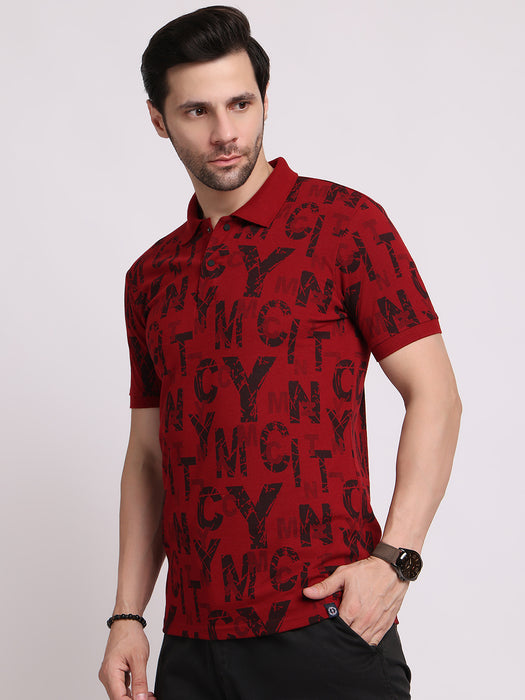 Men Maroon Cotton Polyester Polo collar T-shirt