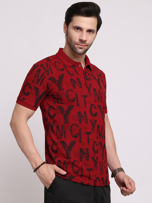 Men Maroon Cotton Polyester Polo collar T-shirt