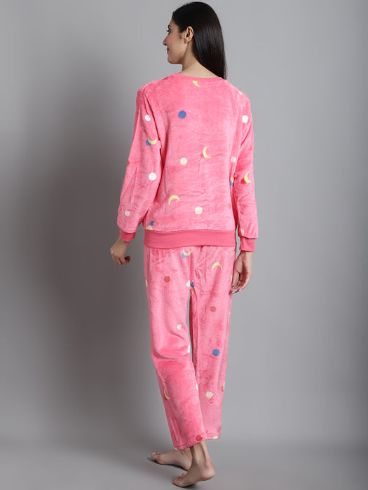 Women Baby Pink Round Neck Full Sleeve Fleece Nightsuits