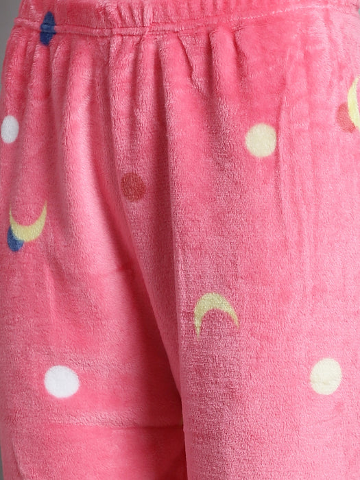 Women Baby Pink Round Neck Full Sleeve Fleece Nightsuits