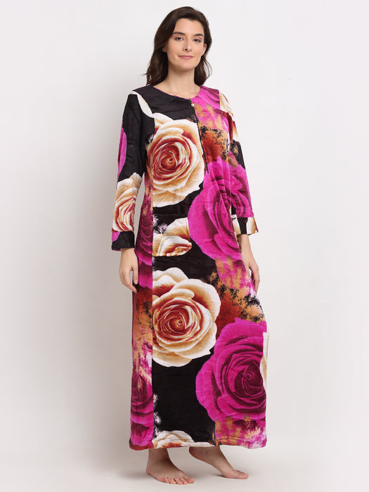 Women Multi Color Havyy Fleece Printed Woolean Maxi Nightdress