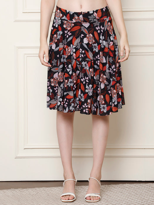Women Multi color Polyster Lycra Leaves Printed Skirt with inner short