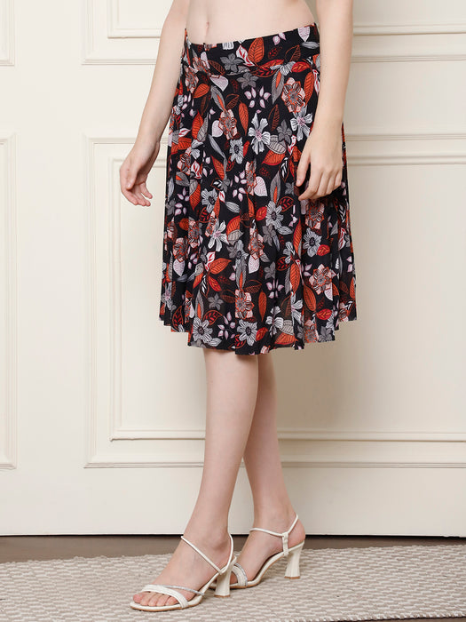 Women Multi color Polyster Lycra Leaves Printed Skirt with inner short