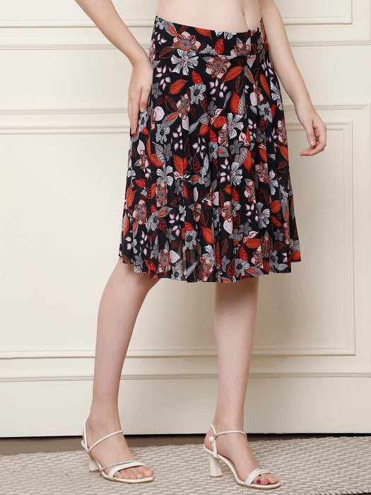 Women Multi color Polyster Lycra Leaves Printed Skirt with inner short