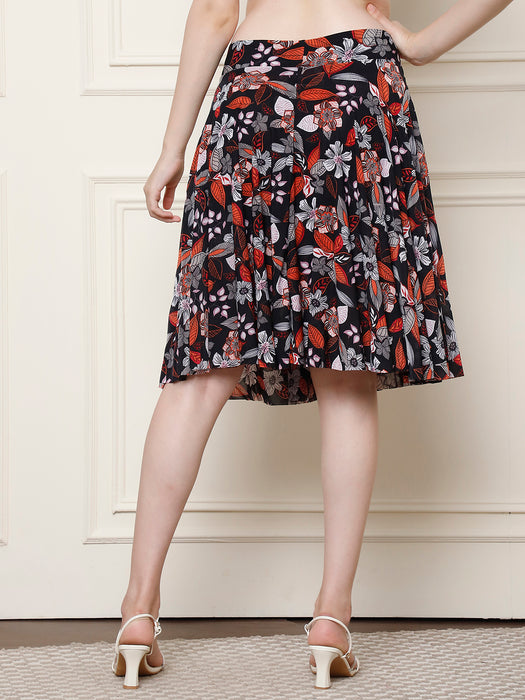 Women Multi color Polyster Lycra Leaves Printed Skirt with inner short